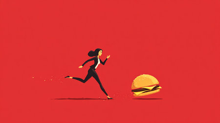 Businesswoman running away from burger. Conceptual illustration of fast food.の素材