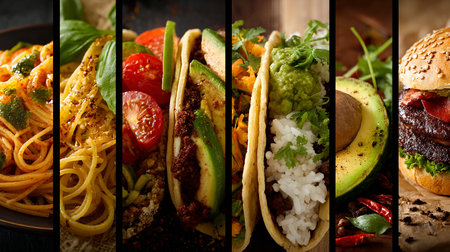 Collage of delicious mexican tacos with ingredients on wooden backgroundの素材