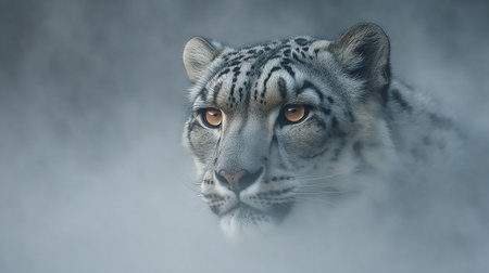 Snow leopard portrait in the fog. 3d illustration of snow leopardの素材