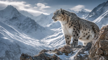 Snow leopard (Panthera uncia) standing on a rock in front of the mountains.の素材