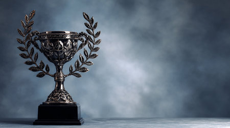 Trophy Cup with laurel wreath on a dark background.の素材