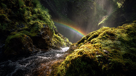 Rainbow over a waterfall in the rainforest of Madeira Island, Portugalの素材