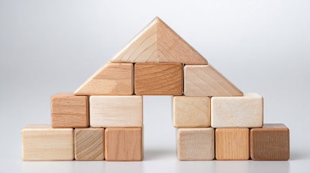 Wooden building blocks in a pyramid shape on a white background.の素材