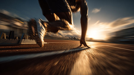 Runner athlete running on race track at sunset. Sport and healthy lifestyle concept.の素材