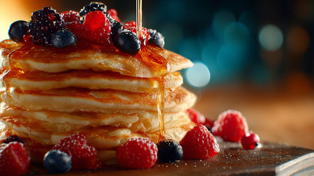 Pancakes with berries and honey on wooden table, closeupの素材