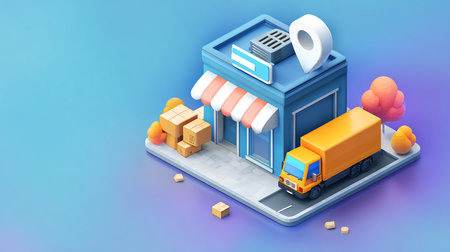 3d isometric delivery service concept. Delivery truck with boxes and parcel on the smartphone screen. Online order tracking. Vector illustration.の素材