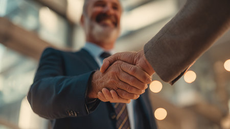 Close-up of a senior businessman shaking hands with his colleague.の素材