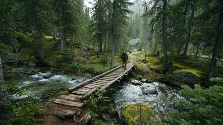 Hike in the mountains. A man walks along a wooden bridge over a mountain river.の素材