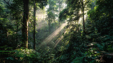 Sun rays shining through trees in rainforest at Doi Inthanon National Park, Thailandの素材