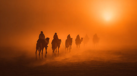 Camel caravan in the desert at sunset, Morocco, Africa.の素材