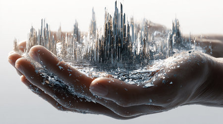 Close up image of human hands holding glass model of city. Mixed mediaの素材