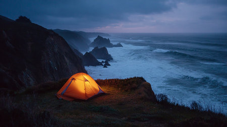 Camping on a cliff with a view of the Pacific Ocean.の素材