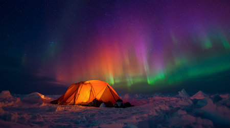 Tourist tent in the night sky with aurora borealis.の素材