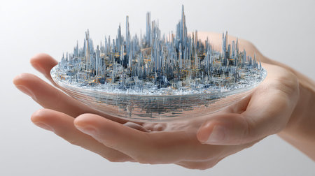Close-up of human hand holding futuristic model of city. 3D renderingの素材