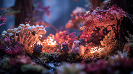 Cute little chick with flowers in the forest at night. Selective focus.の素材