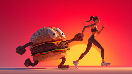 3d illustration of a woman running with a big hamburger.の素材