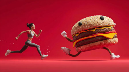 Conceptual image of healthy lifestyle with hamburger and running womanの素材