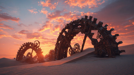 3d illustration of a desert landscape with a lot of rusty gearsの素材