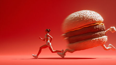Running woman and hamburger on red background. 3d illustration.の素材