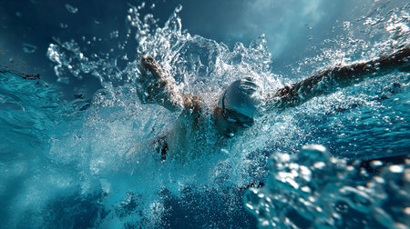 Swimmer in the pool with splashes of water on a dark backgroundの素材