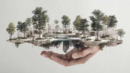 Ecology concept with trees and cityscape in the palm of your handの素材