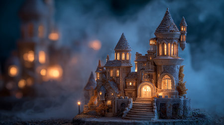 Medieval castle on a foggy night. Fairy tale scene. 3D Renderingの素材
