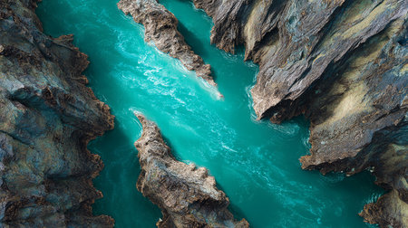 Aerial view of turquoise water of a mountain river.の素材