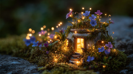Garden lantern with purple flowers and glowing lights on mossy groundの素材