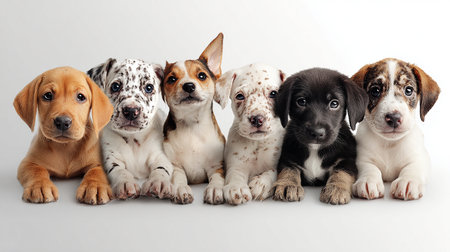 Group of puppies on a white background. Studio shot with white background.の素材