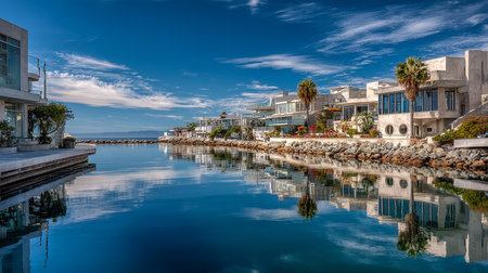 Luxury villas reflected in the water of the Mediterranean Sea.の素材