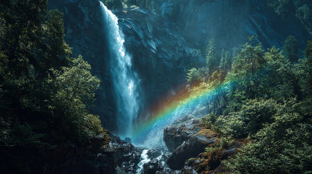 Rainbow over a waterfall in Yosemite National Park, California, USAの素材