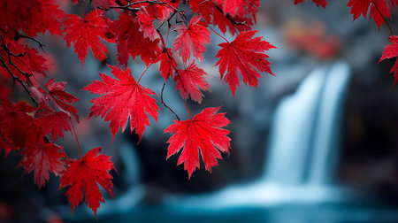 Autumn maple leaves in front of waterfall. Beautiful nature background.の素材