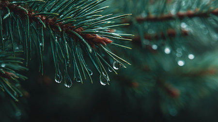 Water drops on the branches of a Christmas tree. Close-upの素材
