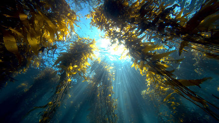 Underwater view of the sea with seaweed and sunbeamsの素材