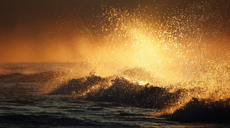 Big wave breaking on the beach at sunset. 3d illustration.の素材