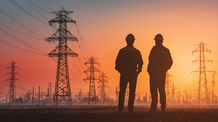 Silhouette of engineer and worker on high voltage pylons backgroundの素材