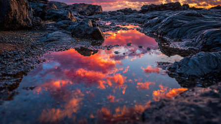 Sunset reflected in a puddle on a rocky beach. Long exposureの素材