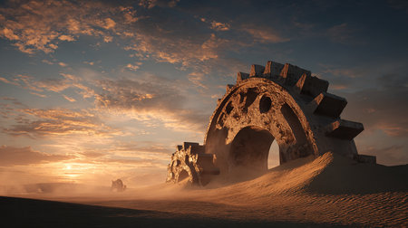 Fantasy landscape with ruins in the desert. 3D illustration.の素材