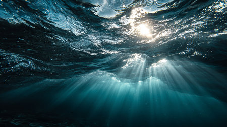 Underwater view of the ocean surface with sunbeams and raysの素材