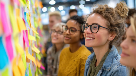 Portrait of smiling businesswoman with colleagues in background at creative officeの素材