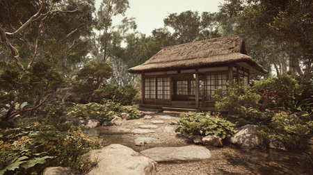 Wooden house in japanese garden. Vintage style toned pictureの素材