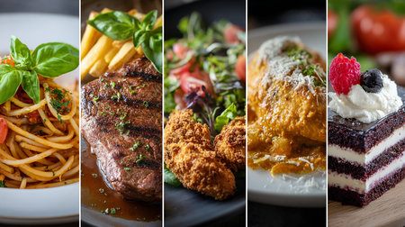 Collage of different types of Italian pasta, meat and vegetables.の素材