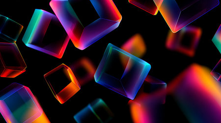 abstract 3d illustration of cubes in neon light on black backgroundの素材