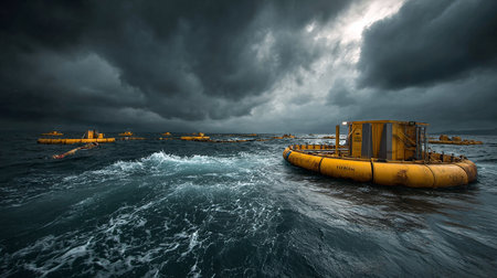 Stormy weather in the sea with storm clouds and yellow buoysの素材