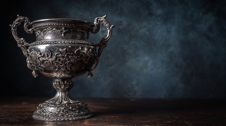 Vintage silver cup on a dark background. Selective focus.の素材
