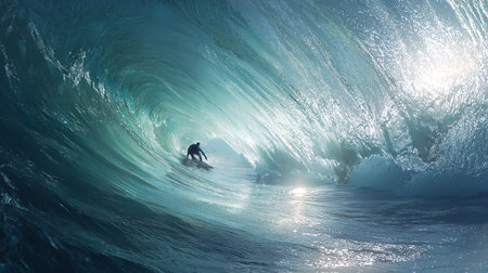 Surfer on Blue Ocean Wave. 3d Rendering and Illustrationの素材