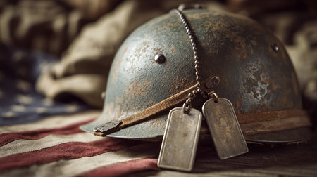 Old military helmet and dog tags on American flag background. Selective focus.の素材
