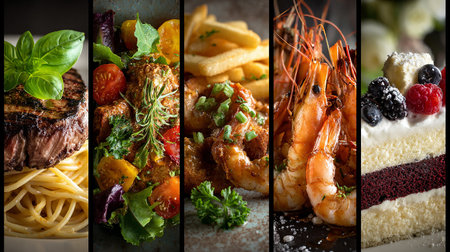 Collage of different types of Italian pasta and prawns.の素材