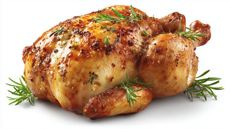 Roasted chicken with rosemary and spices on a white background.の素材
