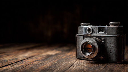 Vintage camera on a wooden table. Vintage camera on a dark background.の素材
